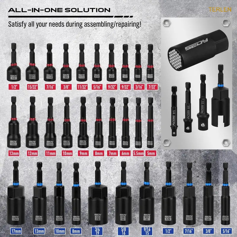 80/41-Piece Magnetic Impact Nut Driver Set – Metric & SAE with Adapters & Bits